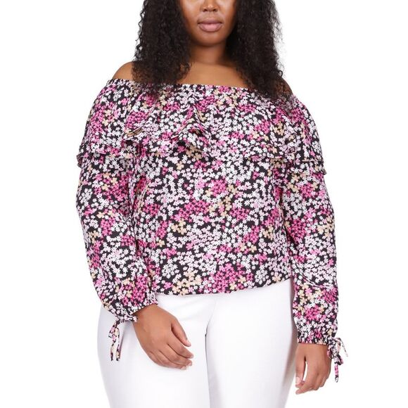 Michael Kors Plus Size Off-the-shoulder Peasant Top In Cerise - 0X - Picture 1 of 3